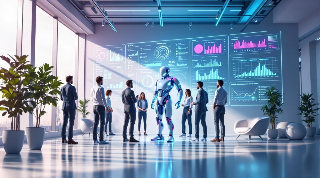 team of professionals collaborating with robot featuring modern and spacious office environment with digital dashboards showcasing human-centric AI KPIs