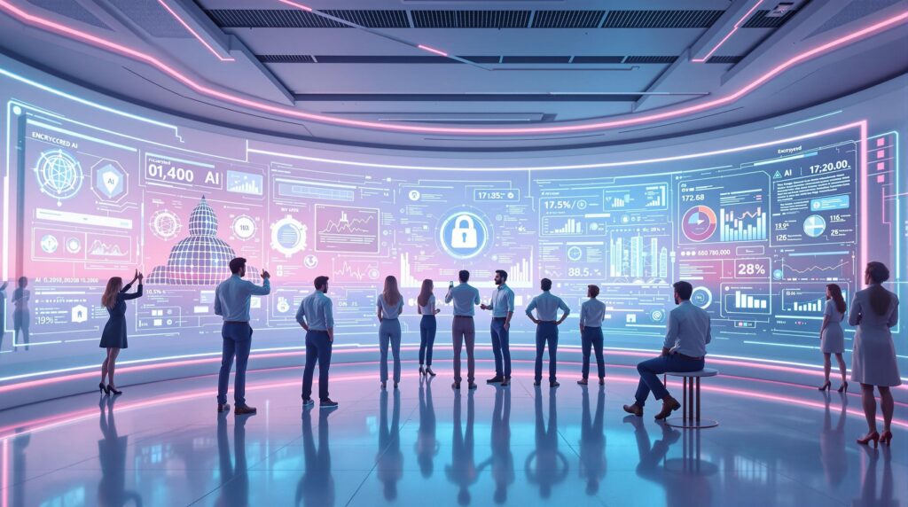 a team of professionals collaborating in a high-tech workspace surrounded by virtual interfaces showing encrypted AI systems and regulatory compliance metrics