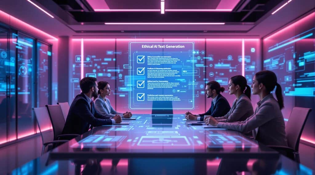 a team of business professionals attentively reviewing a holographic checklist for ethical AI text generation