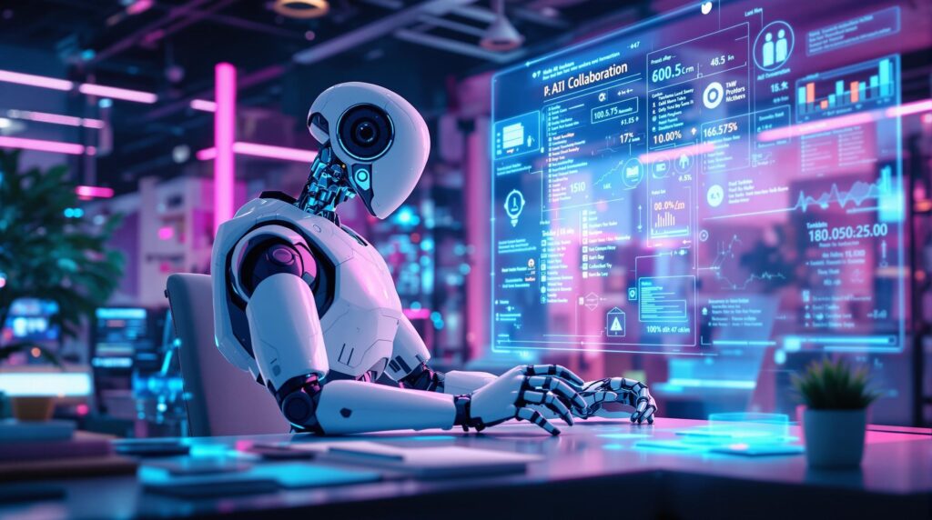 futuristic robot with working alongside humans in a high-tech office environment capturing the essence of time-sensitive project management