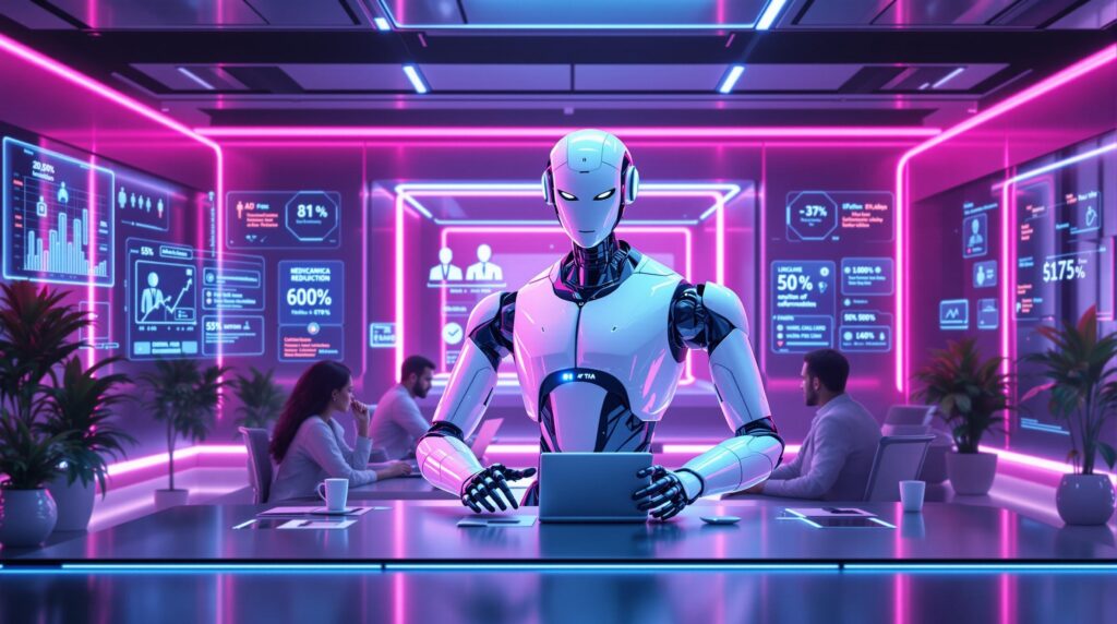 advanced AI robot and group members in an ultra-modern workspace with digital screens highlighting significant reductions in task repetition and improved collaboration