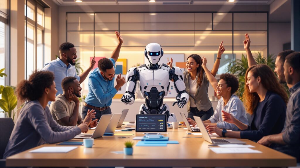 A diverse team and high tech robot celebrating around a conference table surrounded by laptops showing final data quality reports with high scores