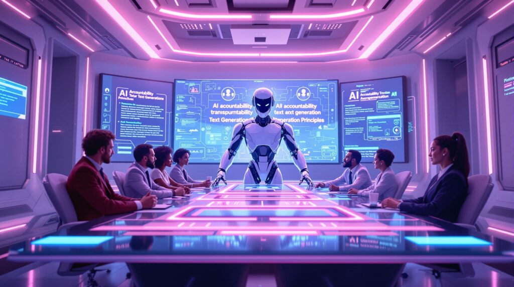 futuristic robot leading a team of professionals high-tech conference room with digital screens showcasing key principles of AI accountability and transparent text generation