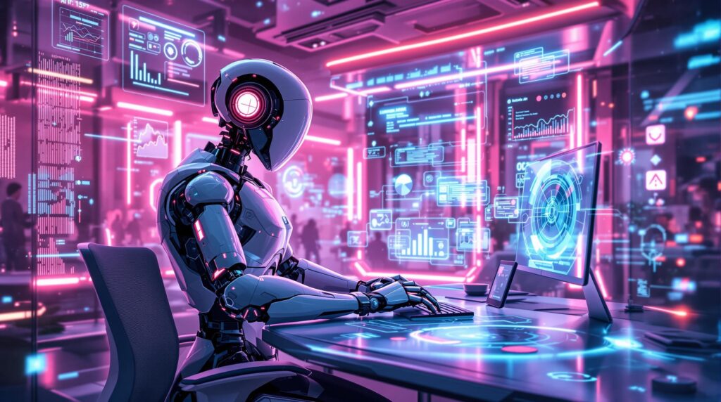 a futuristic robot across multiple digital interfaces emphasizing the seamless interconnectivity