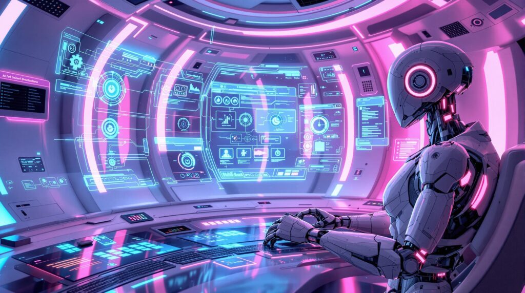 a robot reflects on various holographic interfaces that summarize AI model drift management techniques