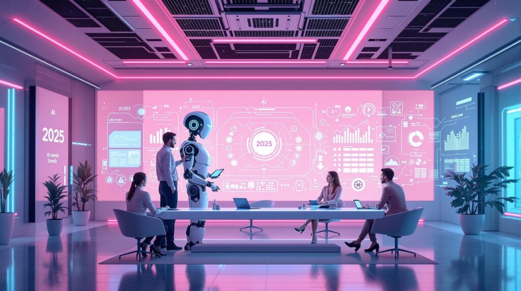 a team of professionals working in a high-tech strategy room surrounded by holographic screens detailing plans for preparing AI collaboration’s future