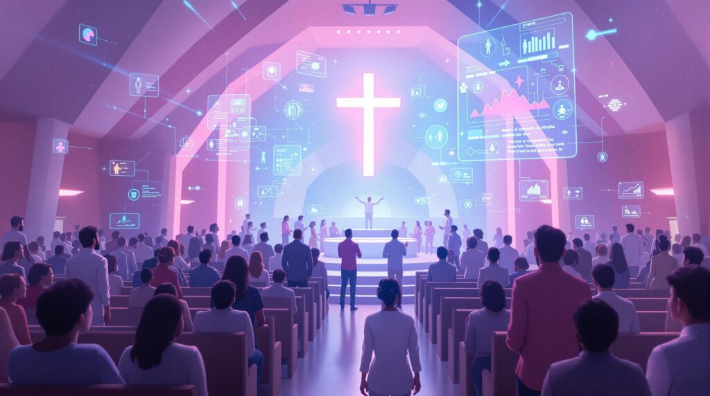 diverse group of people in a modern church environment showcasing successful use of AI for better ministry