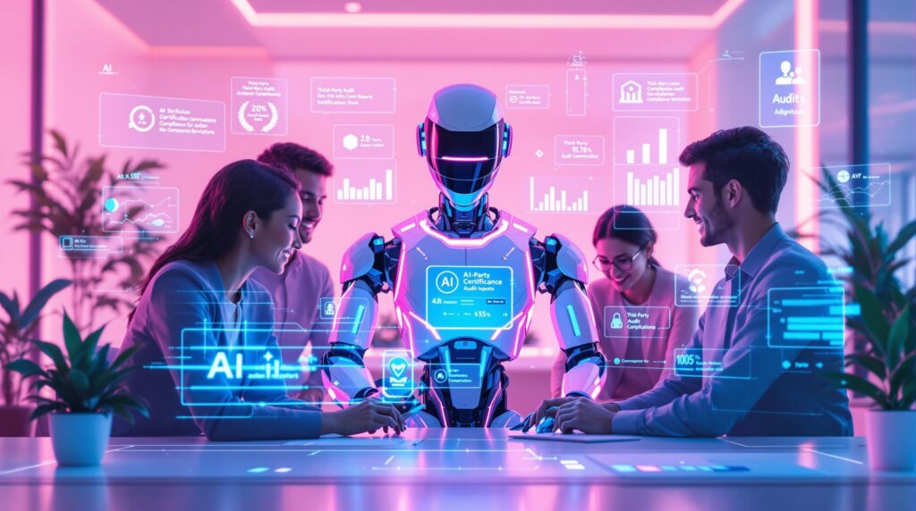 a team of professionals collaborating a futuristic robot in a modern workspace with holograms depicting AI-specific certifications and compliance metrics