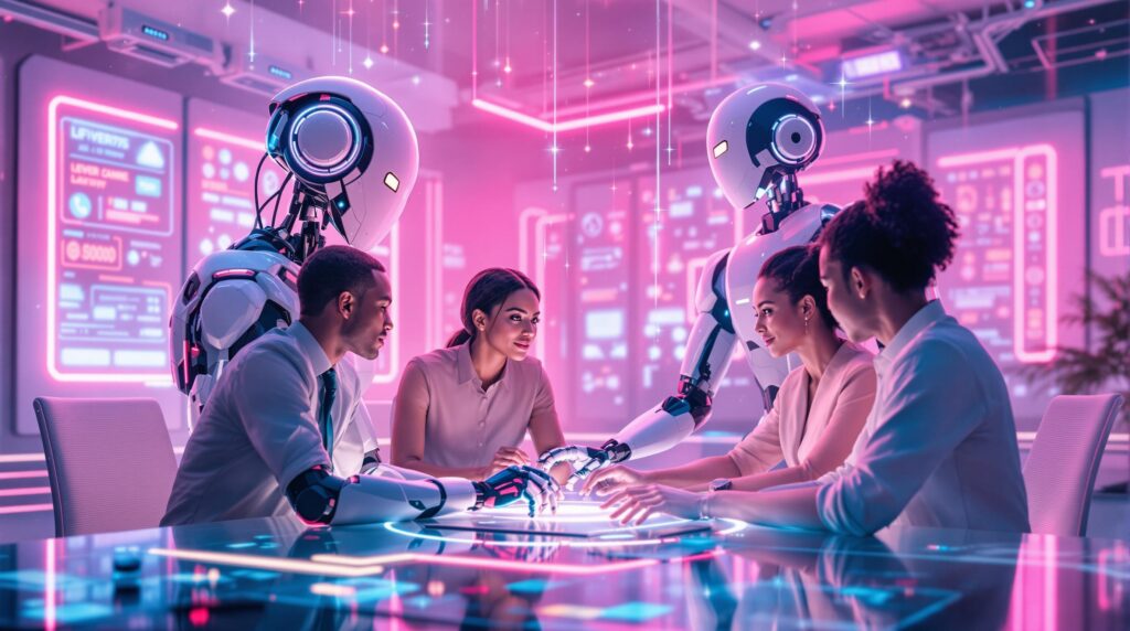 robots and team members interacting with AI tools