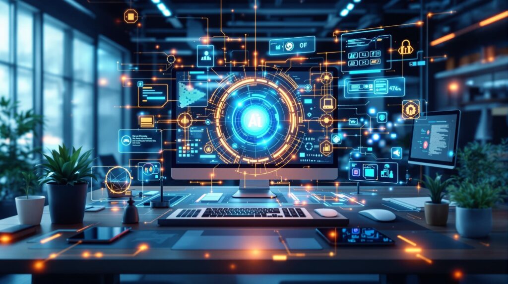 a futuristic workspace where AI interfaces seamlessly connect with various digital tools and devices