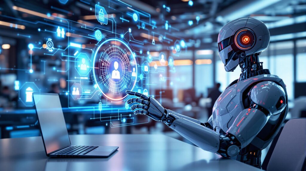 A high-tech office environment where a retro futuristic robot is interacting with digital holograms displaying AI models connecting with legacy systems. The holograms should include visual elements such as nodes, lines, and data flow to depict seamless integration. The scene conveys innovation and advanced technology.