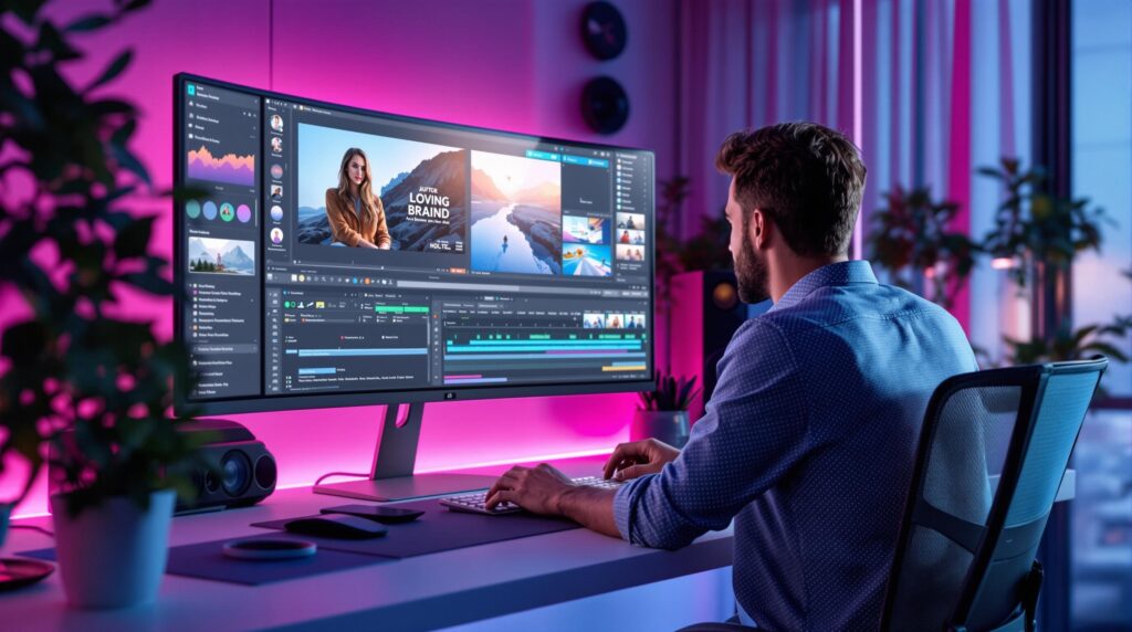 a professional editor focused on a large monitor displaying advanced editing tools with careful attention to maintaining brand voice