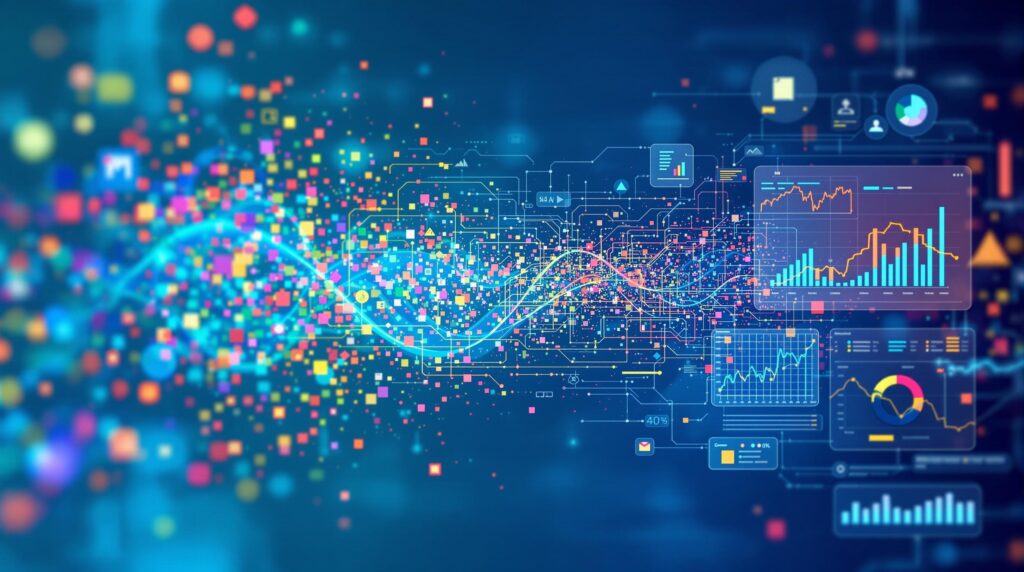An abstract representation of data transformation, where colorful data points flow into a digital processor, emerging on the other side as clear, organized graphs and charts reflecting market insights.