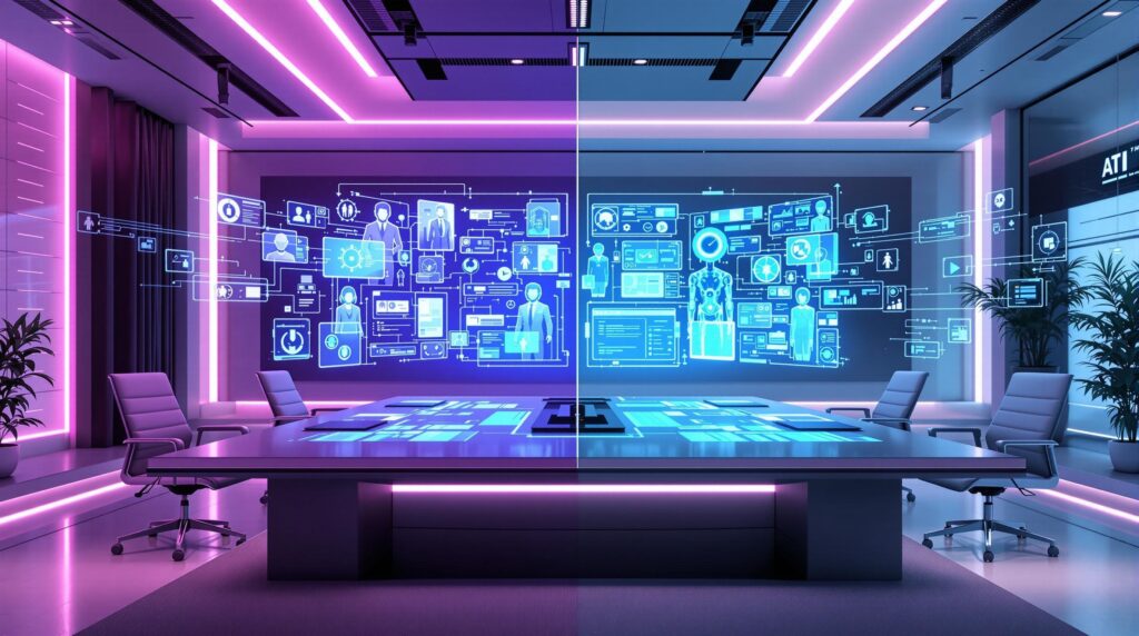 futuristic boardroom scene with AI-generated holograms portraying different AI models in action