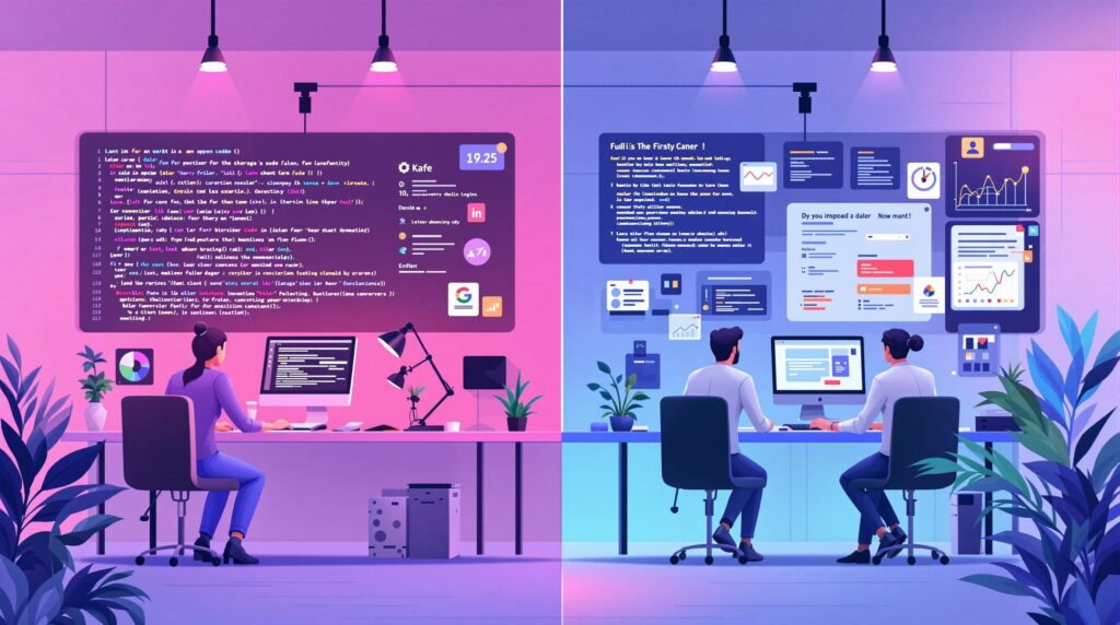 programmer working on open-source code on one side and  business team using a proprietary platform on the other