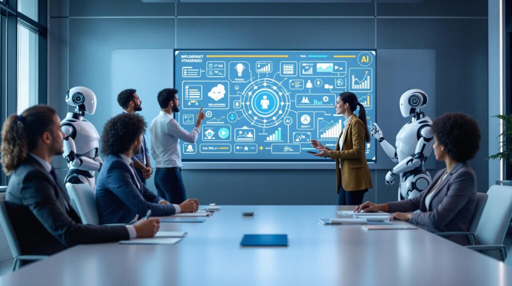 A diverse team of professionals and futuristic robots in a meeting room, discussing implementation strategies with AI-driven visuals on a digital whiteboard.