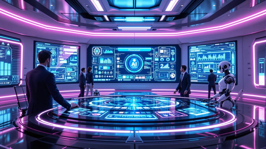 business professionals and retro futuristic robots in a high-tech control room
