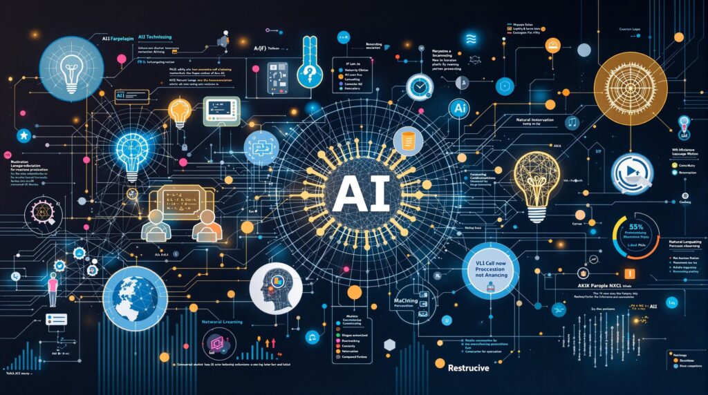 An illustration showcasing core technologies in AI, including abstract representations of machine learning algorithms and natural language processing, visually connected through digital network patterns.