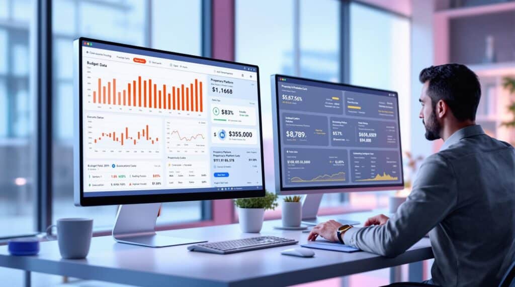 an accountant focusing on open-source budget data analysis on a large computer screen to the left and examining proprietary platform costs with detailed financial reports and subscription invoices on another large screen