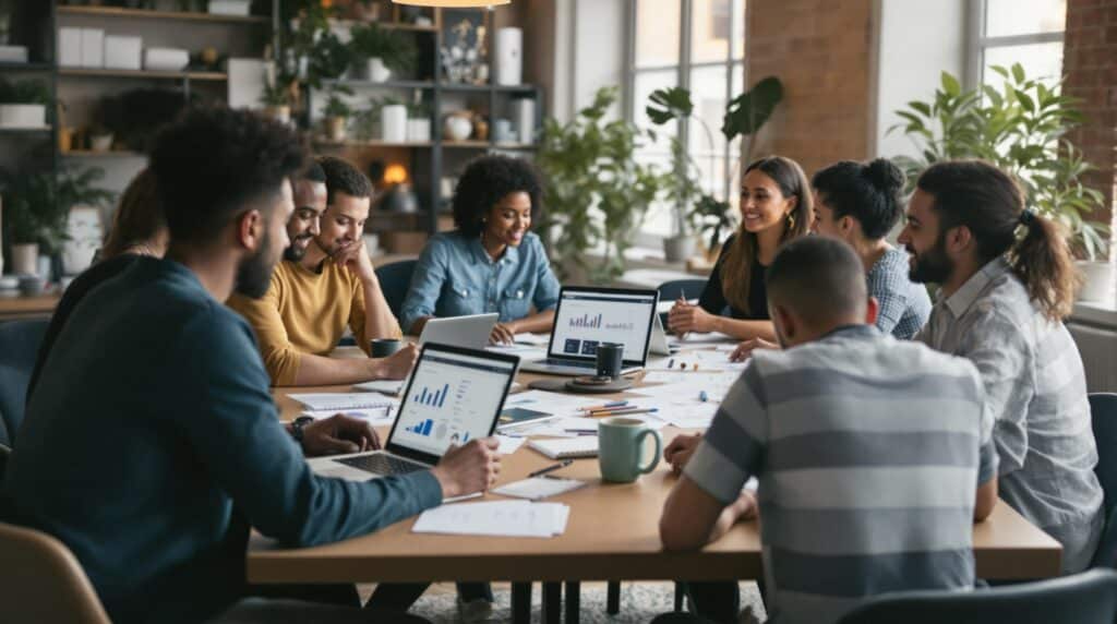 creative workspace with diverse team members comfortably sharing ideas