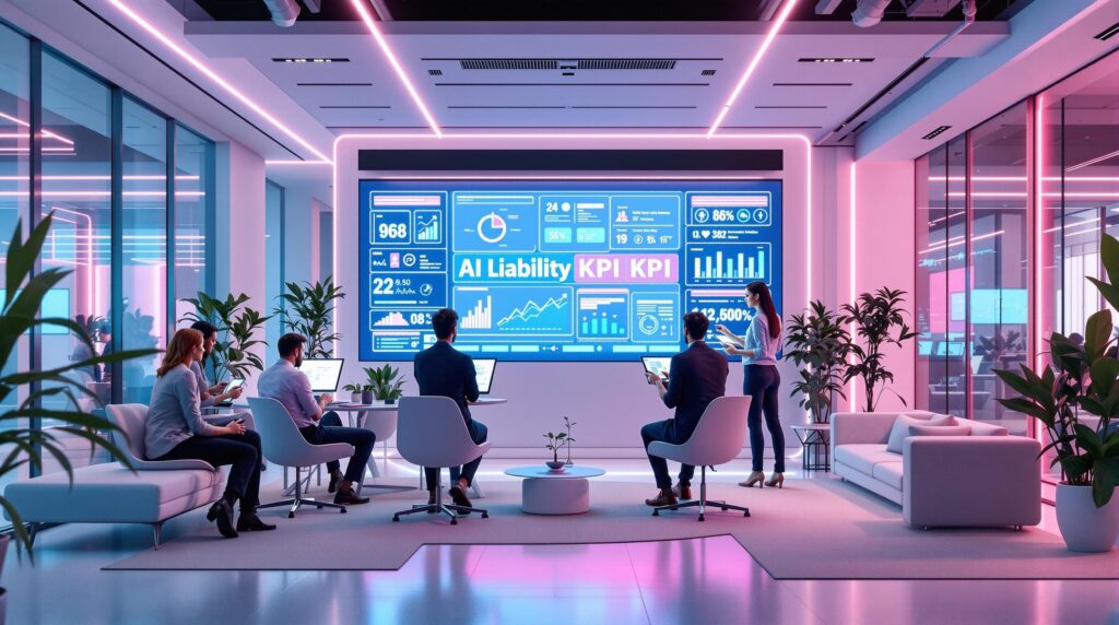 tech-savvy professionals engaging in brainstorming and data analysis and interactive screens showing AI liability KPI metrics