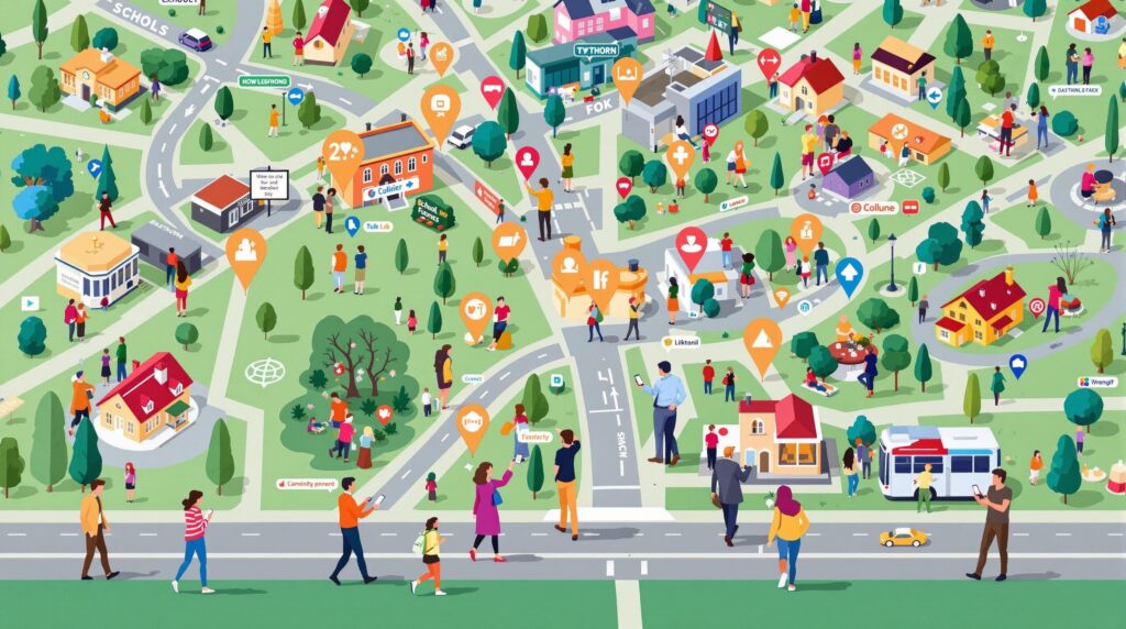 A detailed and colorful map illustration of a neighborhood with icons representing schools, parks, restaurants, and public transport. 