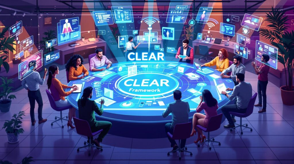 a diverse team of professionals collaboratively working around a digital table, each contributing to different aspects of the CLEAR Framework