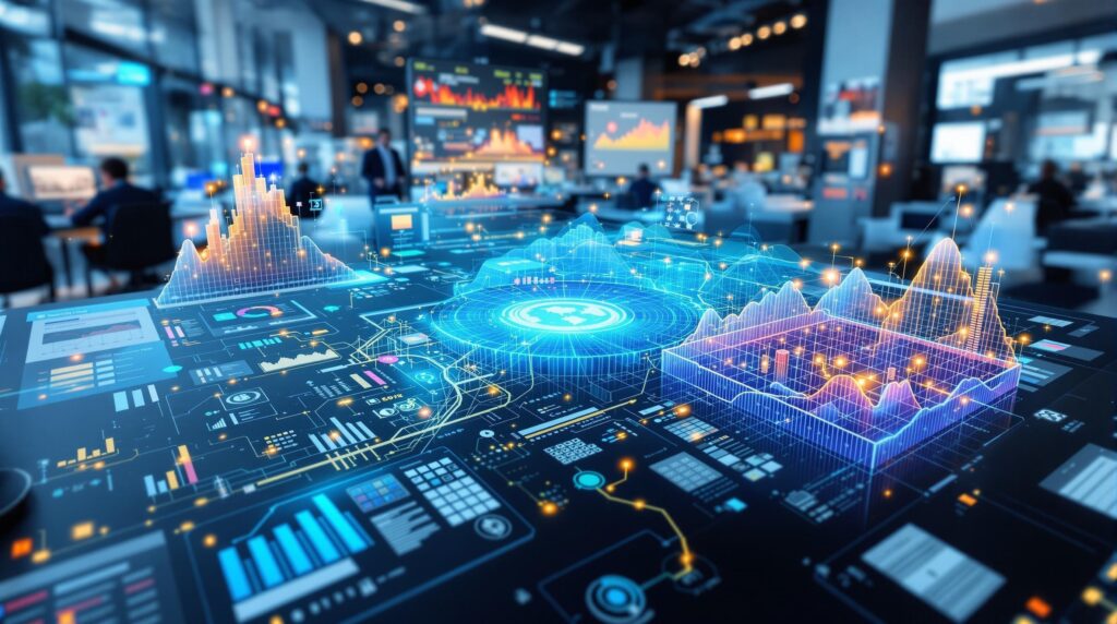 A virtual workspace showcasing a dynamic 3D strategy map, with layered data visualizations like timelines, heatmaps, and network diagrams, bringing strategic concepts to life.