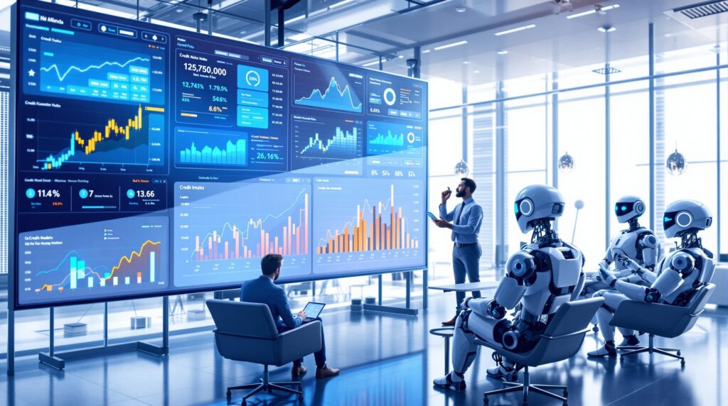 A futuristic digital interface showing real-time data analytics for financial markets, with charts and graphs illustrating credit risk trends with a business team and robots analyzing data on large screens in a modern office setting.