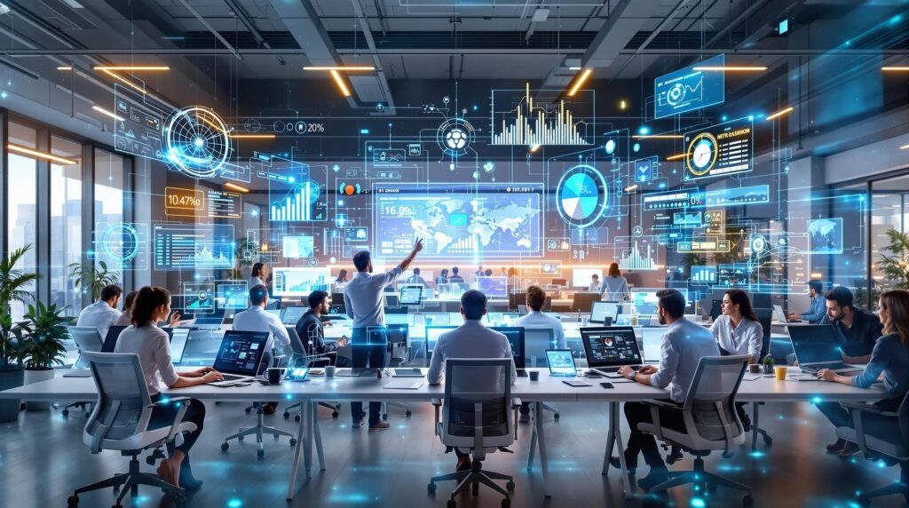 an image depicting a futuristic office environment where a diverse team of professionals is collaborating with AI-powered systems