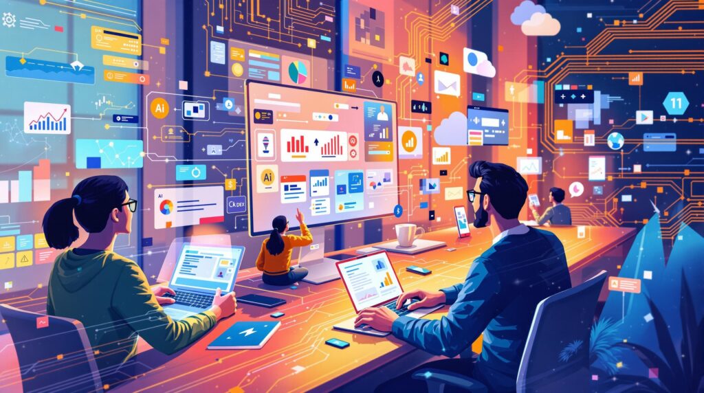 a vibrant image depicting a seamless and interconnected digital workspace where various AI applications harmoniously interact