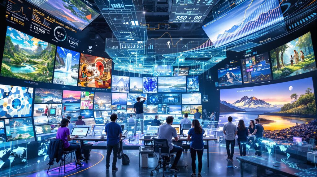 A bustling digital art studio filled with screens displaying diverse AI-generated images in high definition, ranging from abstract art to photorealistic landscapes. The scene captures the dynamic evolution of AI image generation, with data visualizations showing statistics and growth charts projected on the walls.