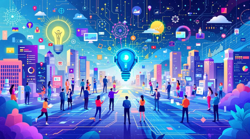 an image illustrating the dynamic landscape of generative AI in present times featuring a futuristic business setting