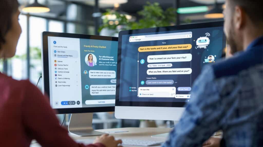 a computer screen displaying a friendly AI chatbot interface assisting a customer with their inquiry