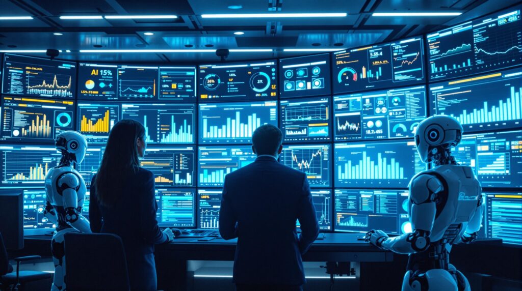 An analysts and robots in a  high-tech control room filled with digital screens displaying real-time data and metrics for AI monitoring. 
