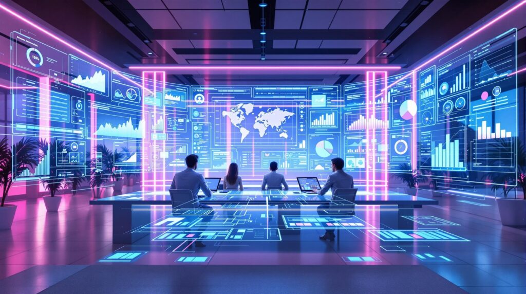 a team of professionals with multiple data screens and transparent holographic displays surround them showing graphs and charts of content engagement metrics