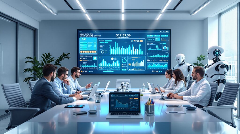 a group of focused professionals  and high tech robots in a sleek and  modern office, gathered around a conference table showcasing real-time data quality scores