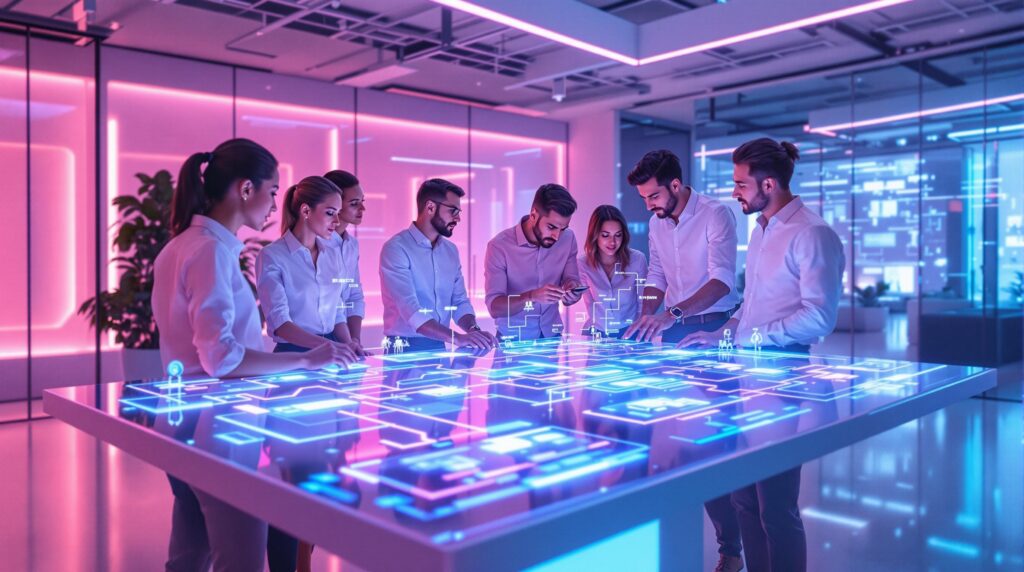a group of professionals gathered around the digital interface of a future-forward, transparent holographic table
