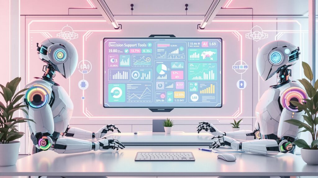 a futuristic digital interface for decision support tools, displaying interactive graphs, data analytics, and AI-driven insights on a high-tech screen surrounded by retro futuristic robots with neon accents 