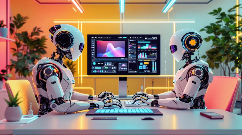 two futuristic robots using cutting-edge technology to automate video production tasks
