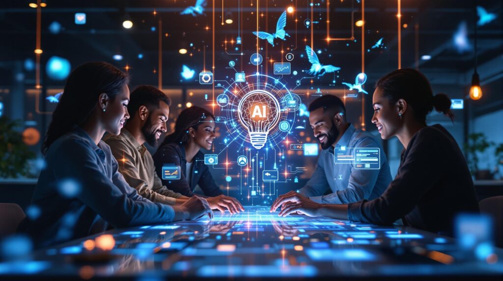 an inspiring image of a diverse team collaborating around a digital table with holographic AI elements floating above symbolizing teamwork and innovation