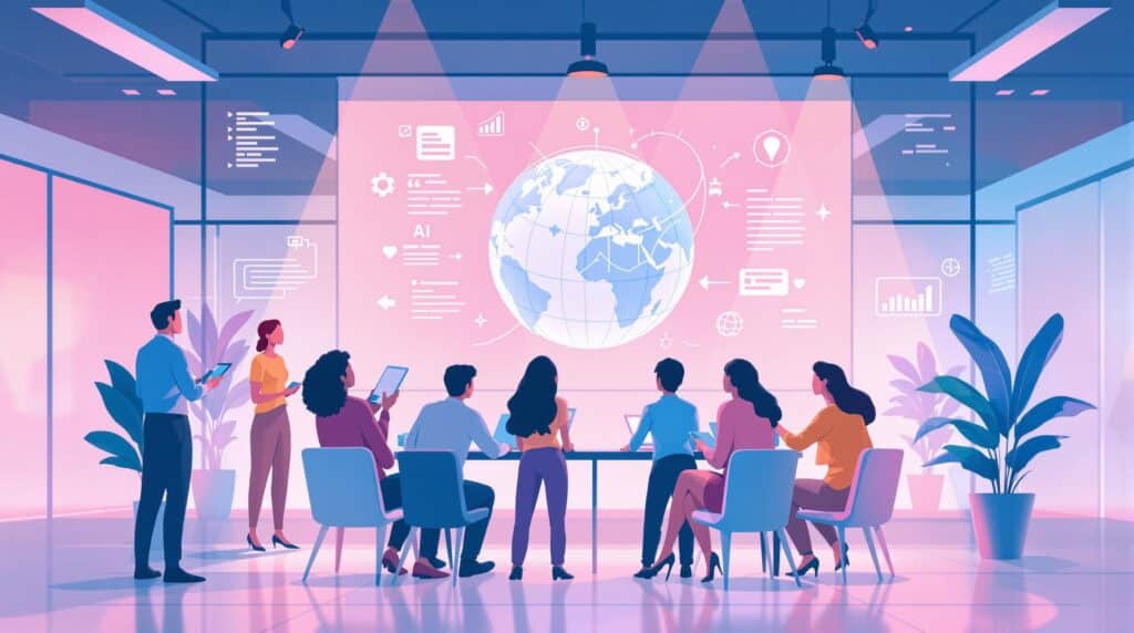 An illustration of a diverse team of professionals reviewing AI text documents with a focus on inclusivity and ethics