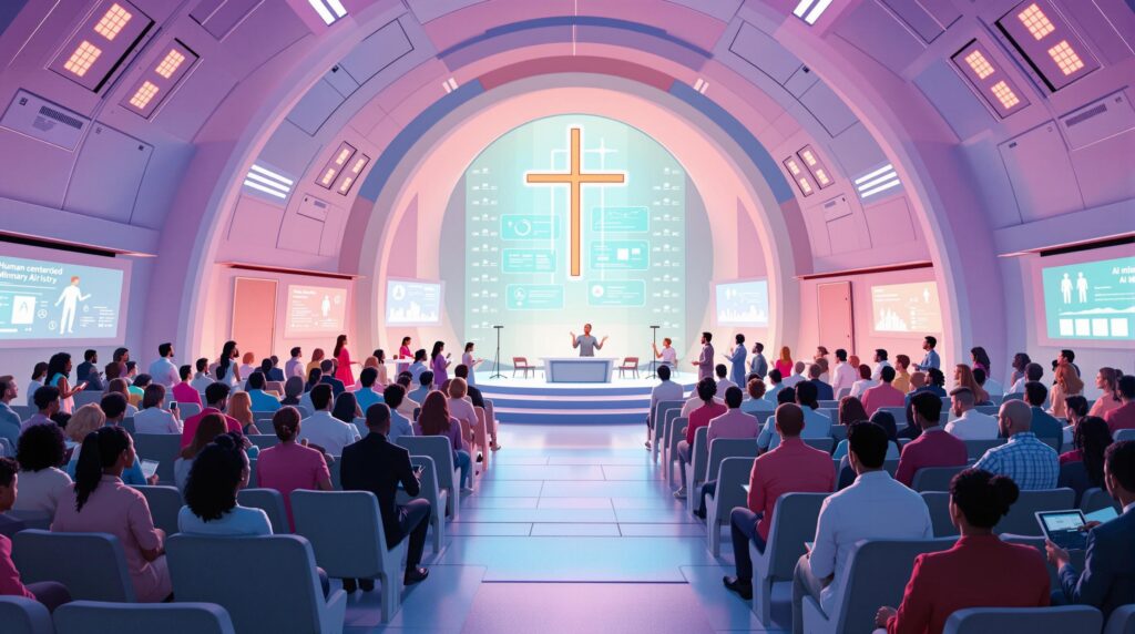 diverse congregation in a futuristic church engaged in discussions about ethical AI use