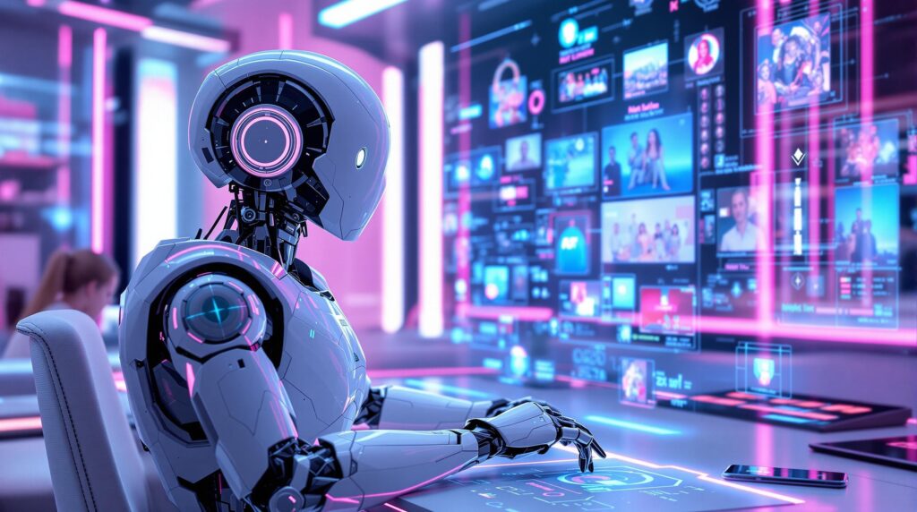 futuristic robot with holographic interfaces display diverse AI-generated content