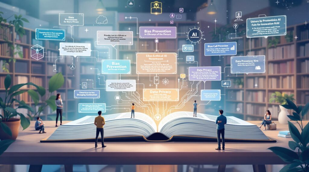 an open book with its pages transforming into digital screens displaying key topics like bias prevention and data privacy, surrounded by figures in thoughtful poses reflecting on the content