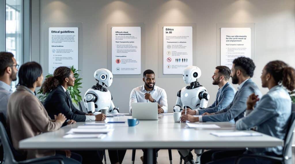 A diverse group of professionals and high tech robots in a modern conference room, engaged in a discussion about ethics in AI, with posters of ethical guidelines and transparency symbols on the walls.