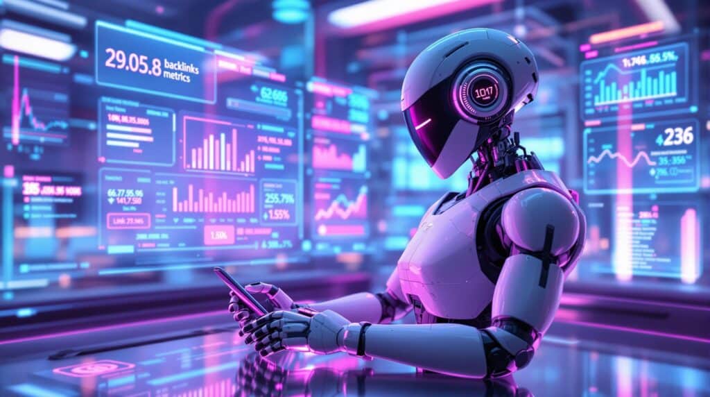 futuristic robot evaluating backlink metrics
