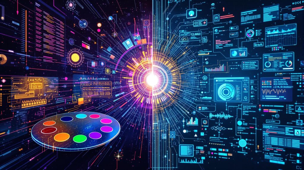 futuristic split-screen scene with generative ai vs machine learning