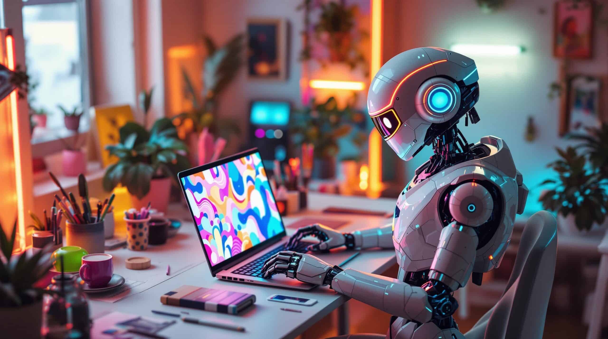 a futuristic robot in a modern studio using a laptop to create a vibrant generative AI image
