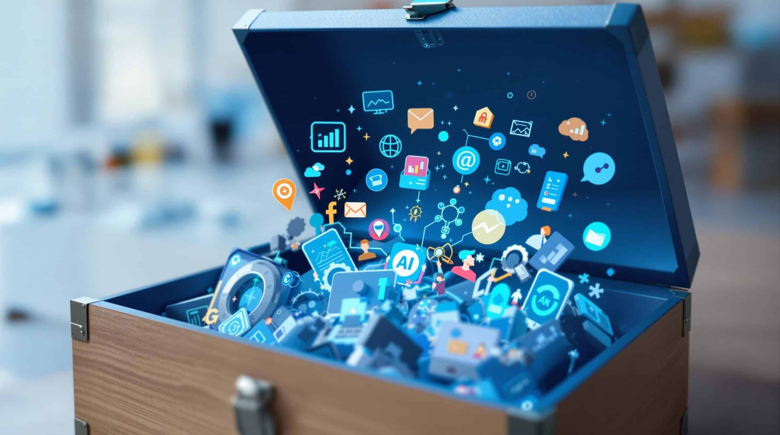 an open toolbox filled with icons and representations of different generative AI tools